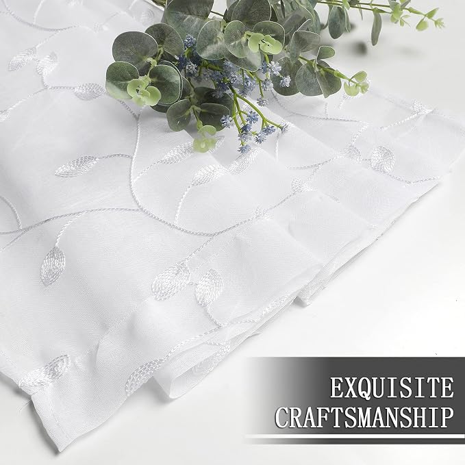 Tollpiz Leaves Sheer Tier Curtain White Leaf Embroidery Kitchen Half Curtains - Image 7