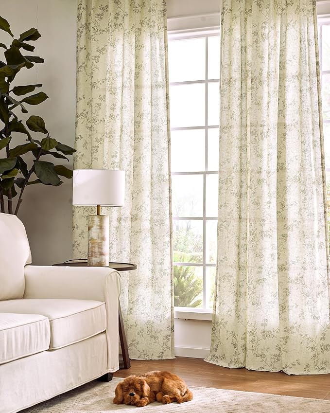 jinchan Green Floral Linen Curtains 84 Inch Farmhouse Back Tab 2 Panels | - Image 6
