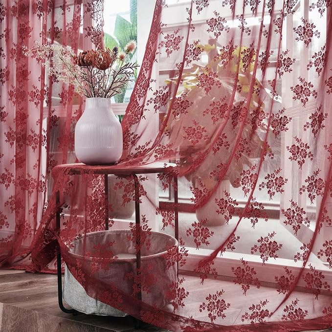 Kotile Burgundy Floral Lace Curtains - Image 6