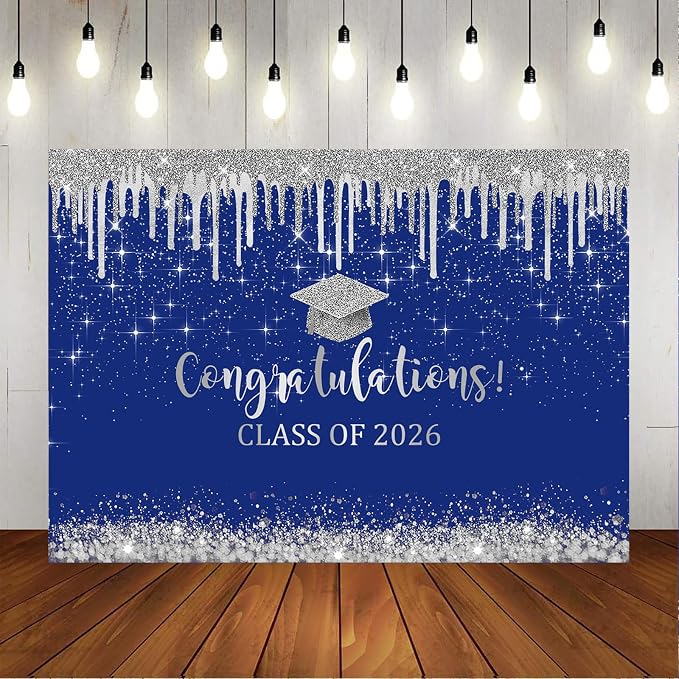 Mocsicka Blue and Sliver Graduation Backdrop Congratulations Class of 2026 - Image 6