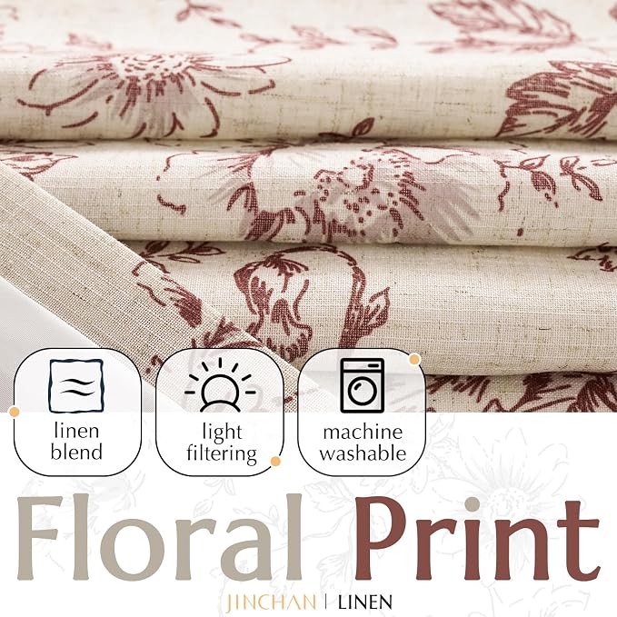 jinchan Floral Linen Curtains Lined 108 Inch Farmhouse Back Tab 2 Panels | - Image 2