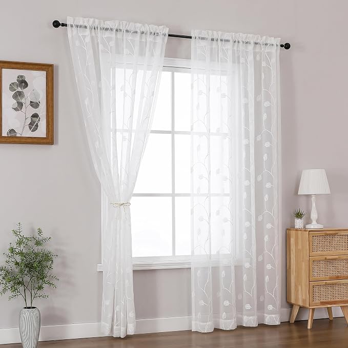 White Sheer Curtains Decorative Embroidered Leaf 96 Inches Long | Light - Image 6