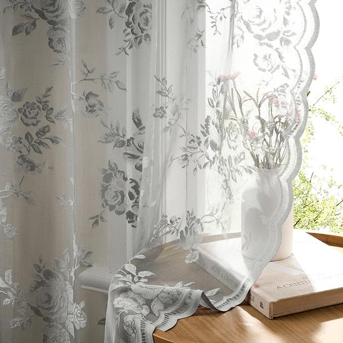 Gray Lace Curtains 90 Inches Long 2 Panels Victorian Grey Floral Sheer Curtains by SEEKRIGHTHomeDecor