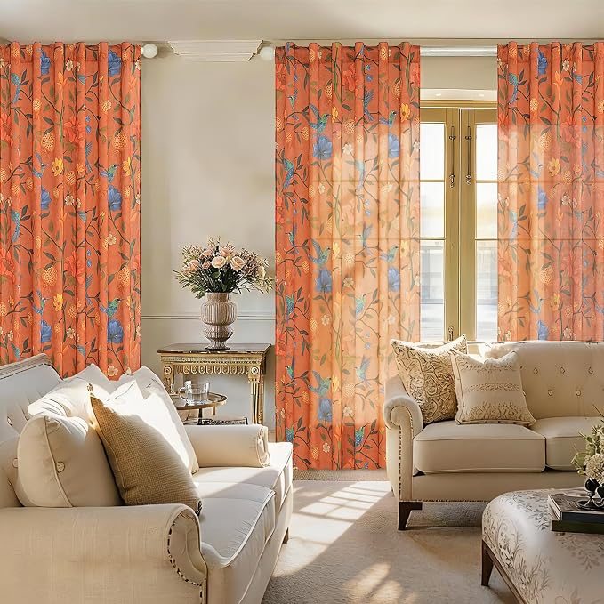 Terracotta Floral Linen Curtains, Boho Whimsical Bird Print Curtains - Image 4