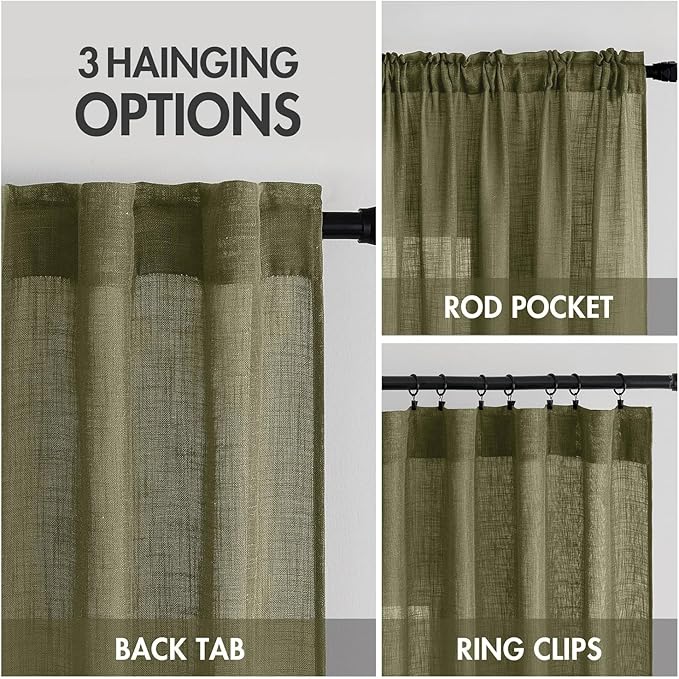 MIULEE Light Olive Green Linen Curtains 52x84 Inch Long 2 Panel - Image 3