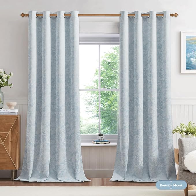 Beauoop Blue Floral Jacquard Blackout Curtains - Image 4