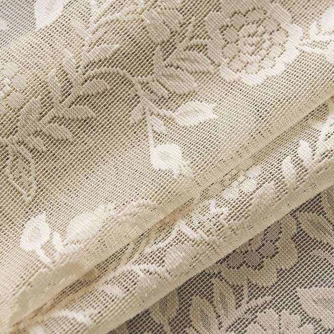 FINECITY Short Beige Lace Curtains Rustic Leaf Floral W42xL36 Inch 2 Panels | - Image 8