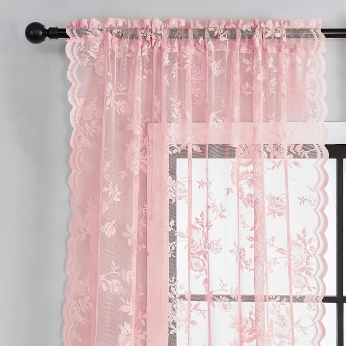 Light Pink Lace Curtains 63 Inch Length 2 Panels set Romantic Flower Sheer - Image 4