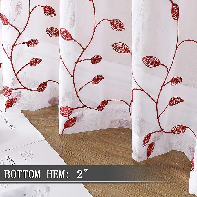 Tollpiz Leaves Short Sheer Curtain Burgundy Red Leaf Embroidery Bedroom - Image 4