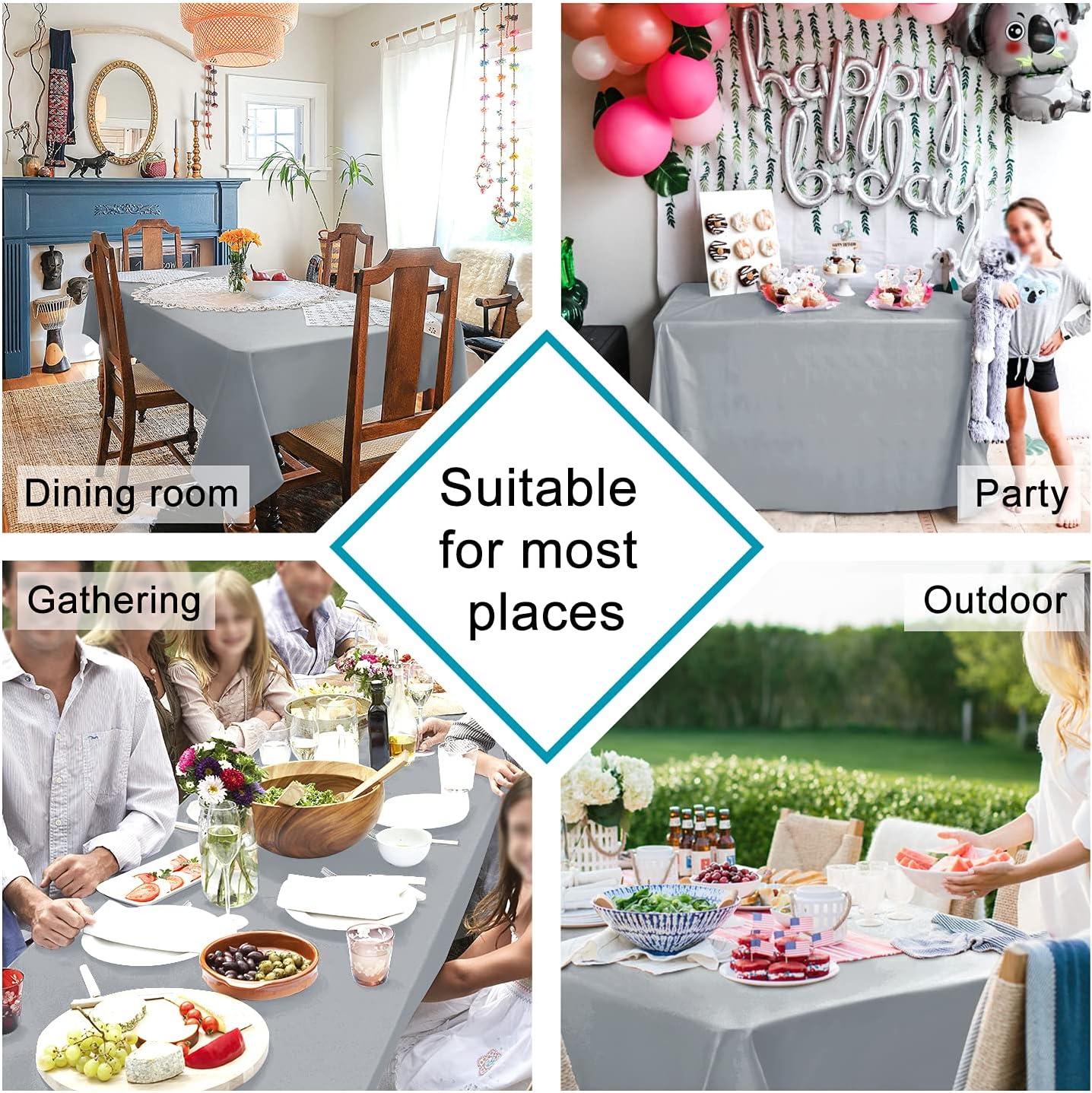Hiasan Silver Grey Square Tablecloth - Waterproof and Spillproof Washable Fabric Table Cloth for Dining Room Kitchen Party and Outdoor, 70 x 70 Inch