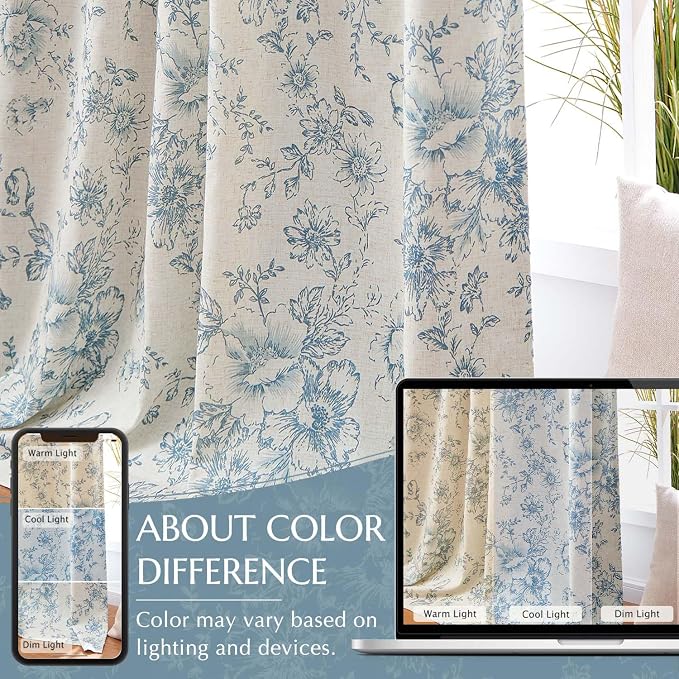 jinchan Blue Floral Linen Blackout Curtains Lined 84 Inch Back Tab 2 Panels | - Image 6
