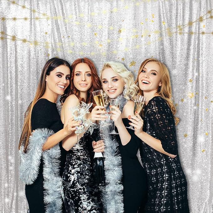 PartyDelight Silver Sequin Backdrop 10x10ft Sparkly Photo Curtain | 4 Inch Rod - Image 6