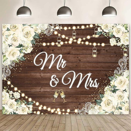 10x7ft Floral Mr and Mrs Engagement Decorations Backdrop White Flowers Wooden by Ayayiya