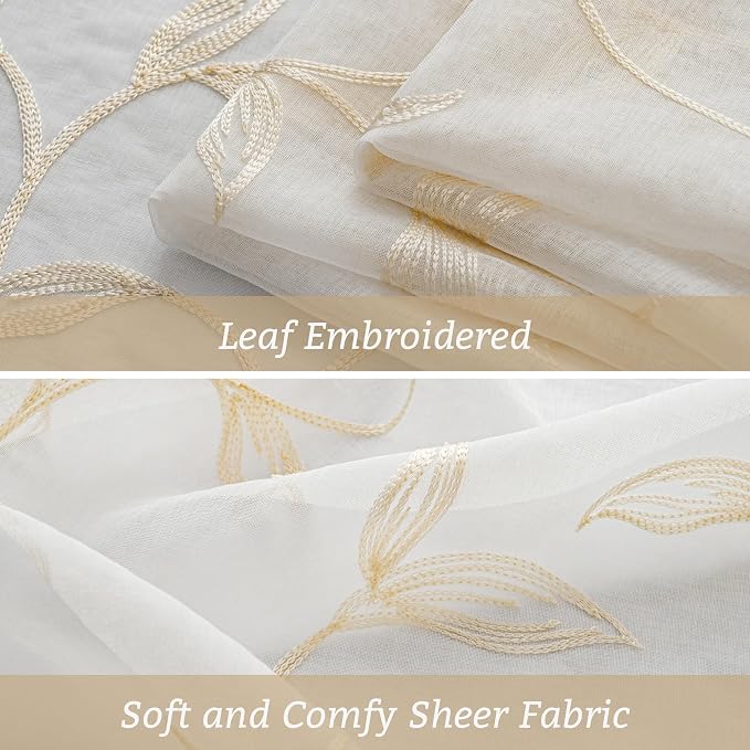 Sheer Curtains Boho Leaf Floral Embroidered Cream Beige 54Wx84L | Light - Image 5