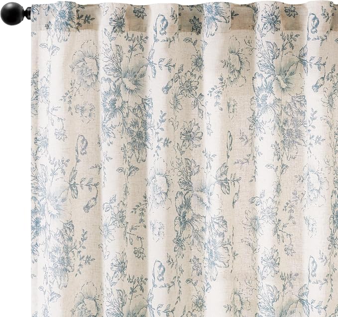 jinchan Blue Floral Linen Curtains 45 Inch Vintage Back Tab 2 Panels | Light - Image 7