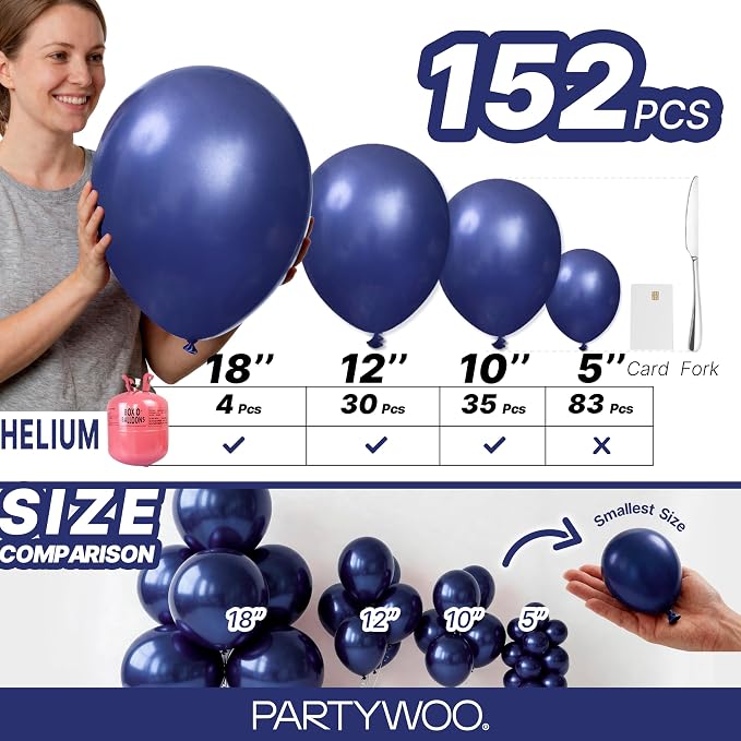 PartyWoo Navy Blue Balloons 152pcs Dark Blue Color 18 12 10 5 Inch | 18 12 10 5 - Image 6