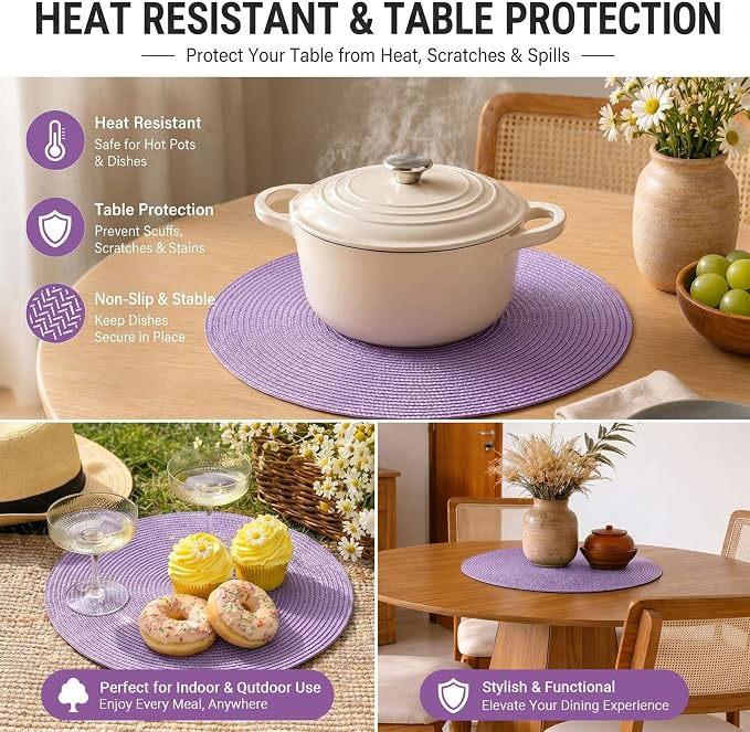 FunWheat Round Braided Placemats Set of 6 Table Mats - Image 7