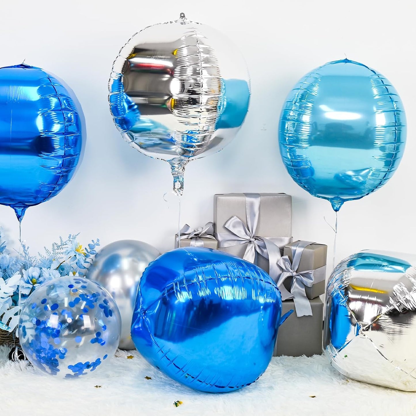 6Pcs Blue Silver Round Foil Balloons,Giant 4D Round Ball Balloons,22 Inch Metallic Blue Silver Balloon for Birthday Wedding Graduation Prom Party Decorations