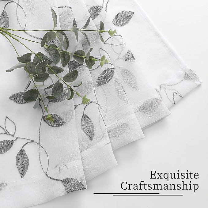 Tollpiz Grey Leaf Sheer Curtain Bedroom 38 x 63 Inches | Leaves Embroidered - Image 7