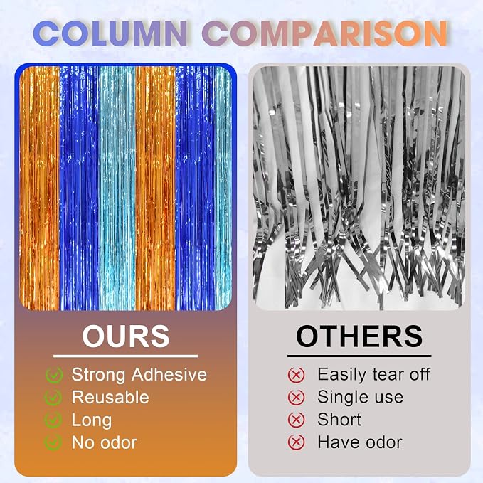 Voircoloria 3 Pack 3.3 x 8.2 ft Blue Orange Foil Fringe Backdrop Curtains - Image 3