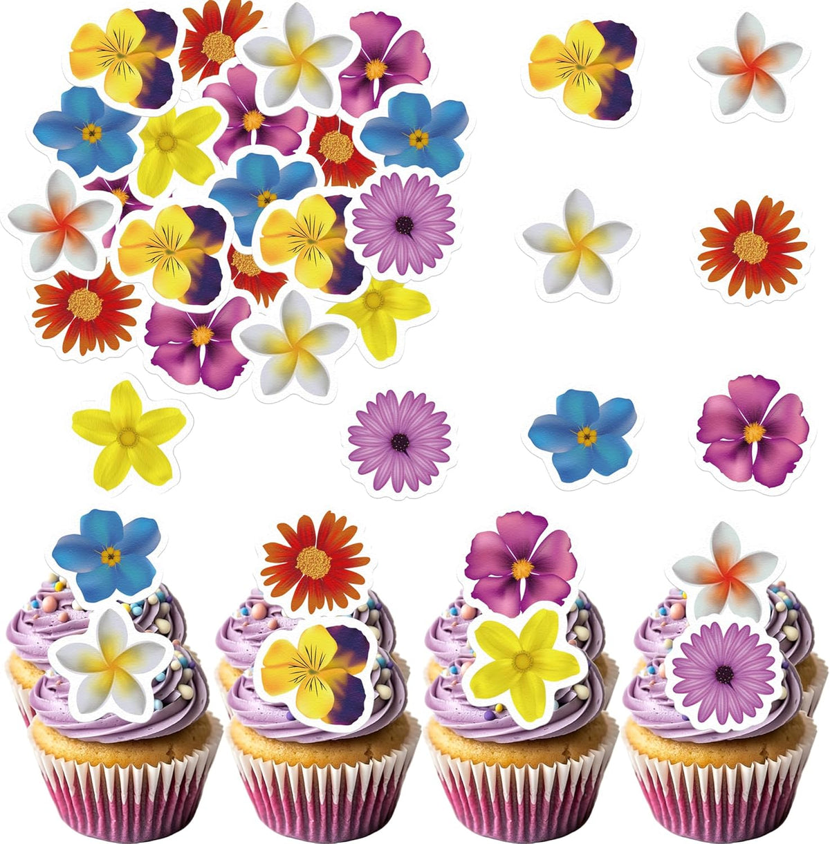 48 Edible Flowers Cupcake Toppers Edible Hawaii Flowers Cupcake Decor Wafer Paper Tropical Luau Flowers Cupcake Picks for Flowers Theme Wedding Birthday Party Decor Supplies