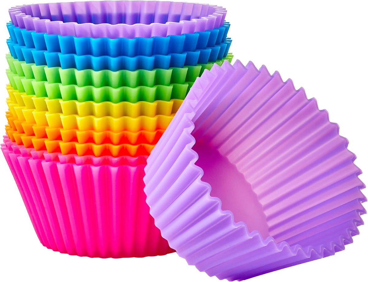 Amazon Basics Reusable Silicone Baking Cups, BPA Free Muffin Liners, Dishwasher Safe, 2.9 x 2.9 x 1.3 in (LxWxH), Multicolor, Pack of 12