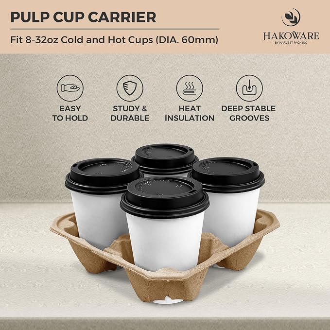 HAKOWARE 8-32oz Pulp Fiber 4 Cup Disposable Drink Carrier Trays, Compostable - Image 3