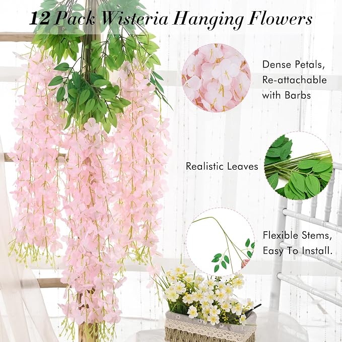 12 Pack Wisteria Hanging Flowers, 3.6 Feet Light Pink Artificial Flowers - Image 3