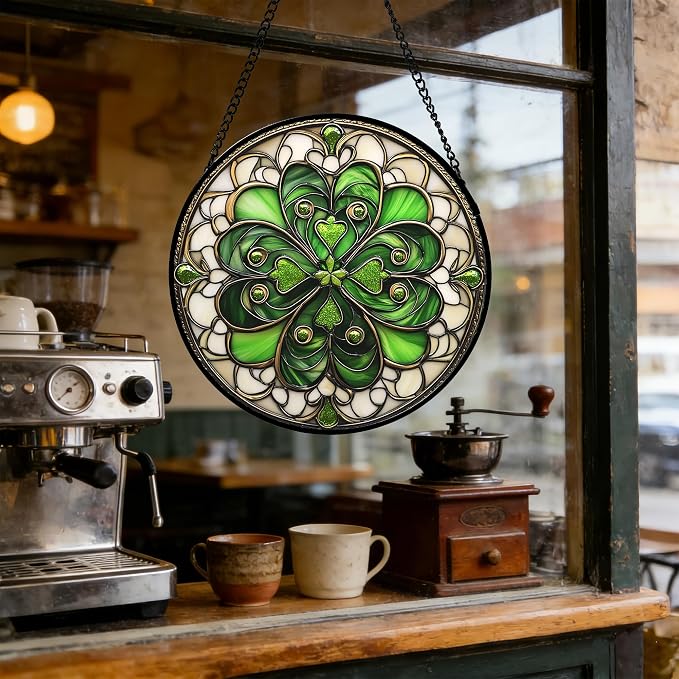 DASTOLL Stained Glass Window Hanging St. Ripak Festival Green Lucky Clover 7.8" - Image 6