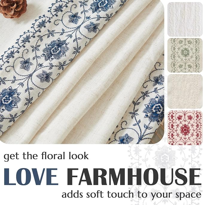 jinchan Floral Linen Curtains Embroidered Back Tab 50x96in 2 Panels Blue | - Image 5