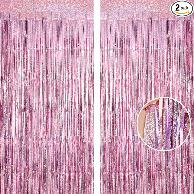 Pink Tinsel Foil Fringe Curtain Backdrop, 3.3 x 8.2 ft Metallic Glitter Curtain by AIQINHU