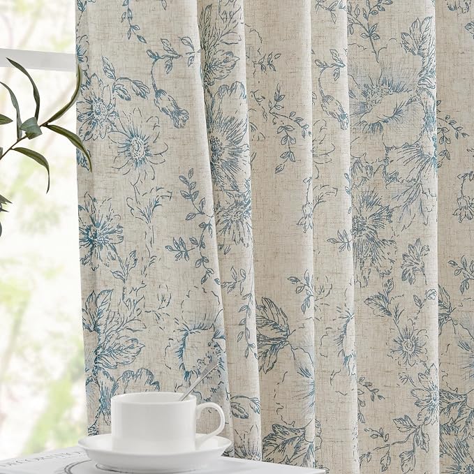 jinchan Blue Floral Linen Curtains Lined 90 Inch Vintage Back Tab 2 Panels | - Image 7