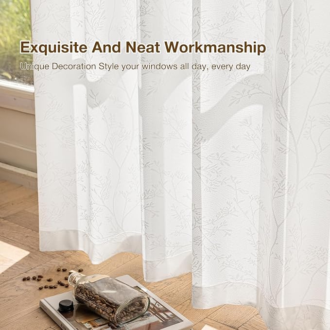 Anmao White Semi Sheer Light Filtering Extra Long Curtains 2 Panels, Branch - Image 7