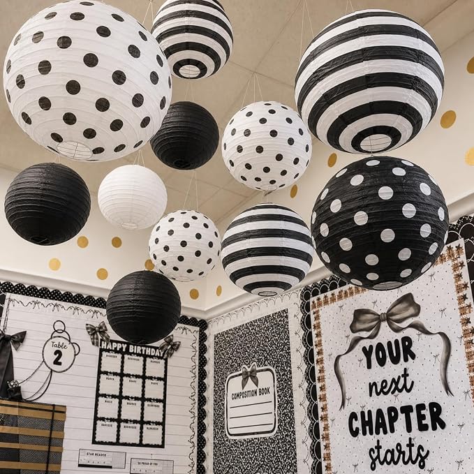 Treela 6 Pack Black and White Paper Lanterns Back to School 8" Round Hanging by Treela