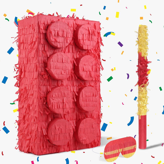 Block Pinata Bundle with a Blindfold and Bat(17 x 11 x 4 Inches), Perfect for Birthday Party Supplies, Building Blocks Theme Birthday, Decoration