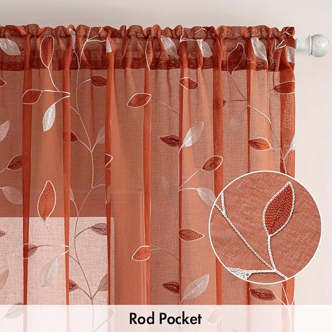 MIULEE Terracotta Sheer Fall Curtains 2 Panels Leaf Patterned, W52 x L45 | - Image 6