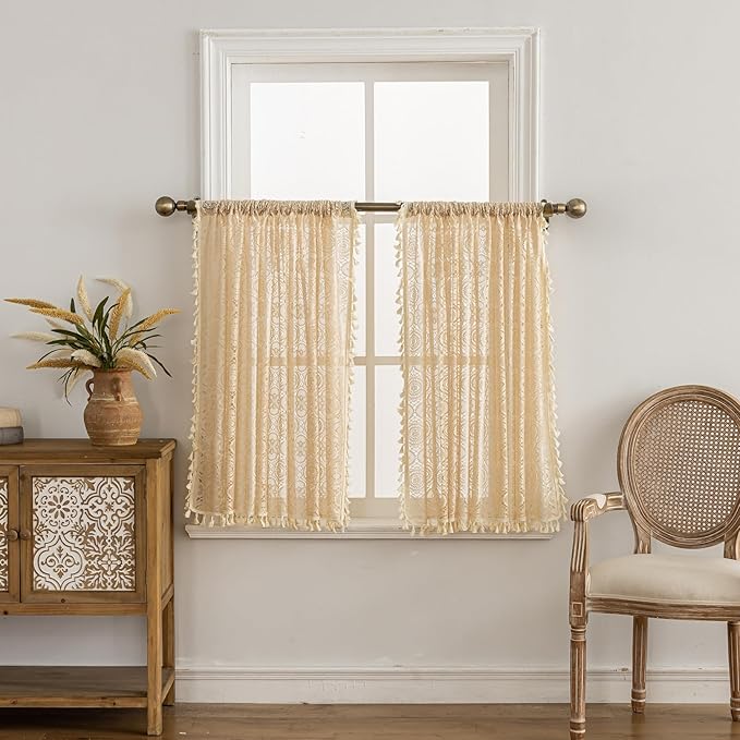 YJ YANJUN Boho Lace Curtains 30 inch Length 2 Panels, Vintage Floral Crochet by YJYANJUN