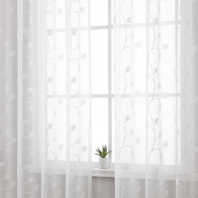 White Sheer Curtains Decorative Embroidered Leaf 96 Inches Long | Light - Image 3