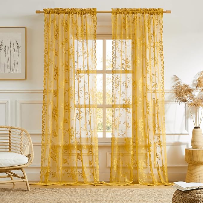 Yellow Lace Curtains 72 Inch Length 2 Panels Set Country Golden Flower Sheer - Image 2