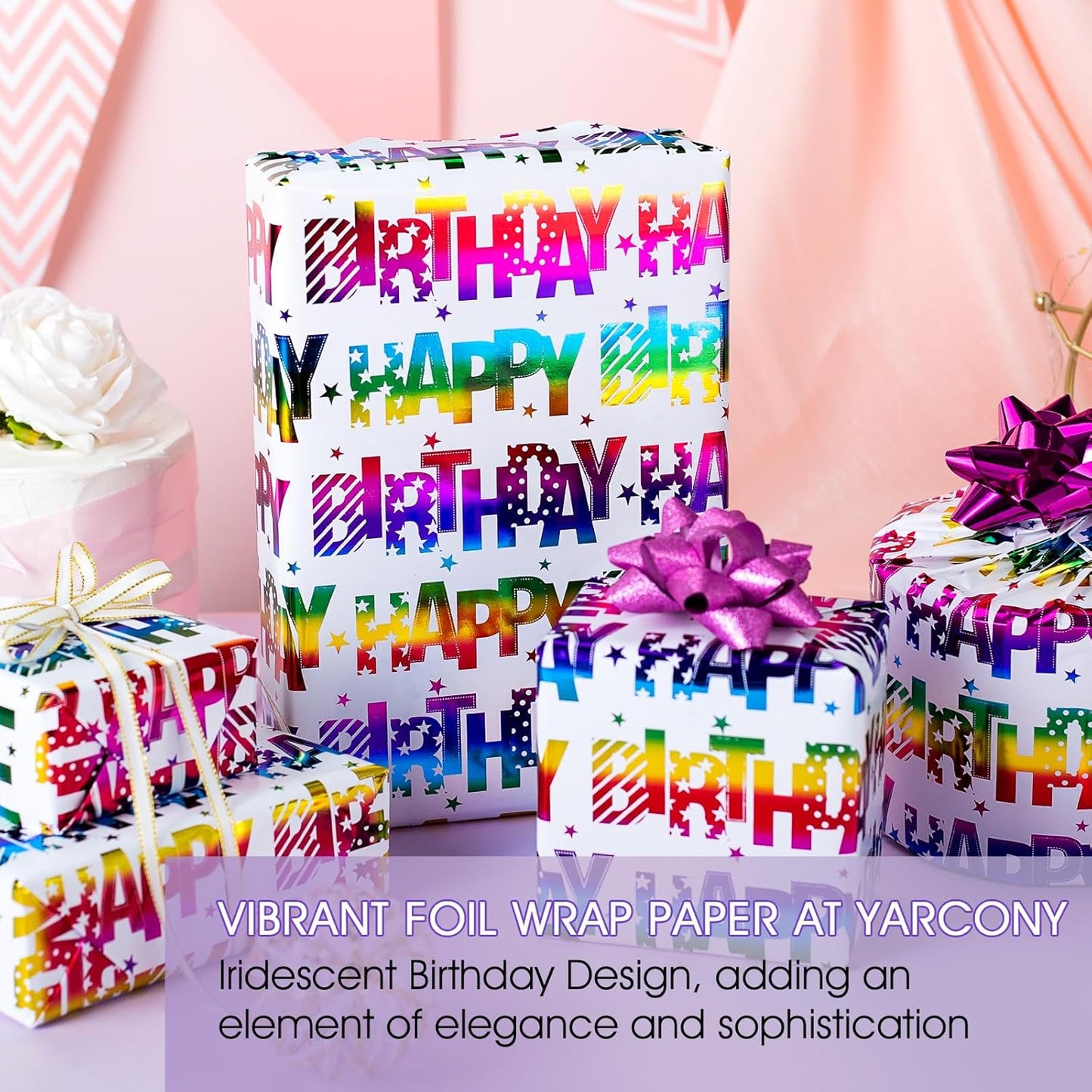 Yarcony Birthday Wrapping Paper Roll, Gift Wrapping Paper, Colorful Foil Girl Happy Birthday Gift Wrap Rainbow Present Paper for Kids Boys Girls, Holiday,Party,Baby Shower(17 Inch X 33 Feet)