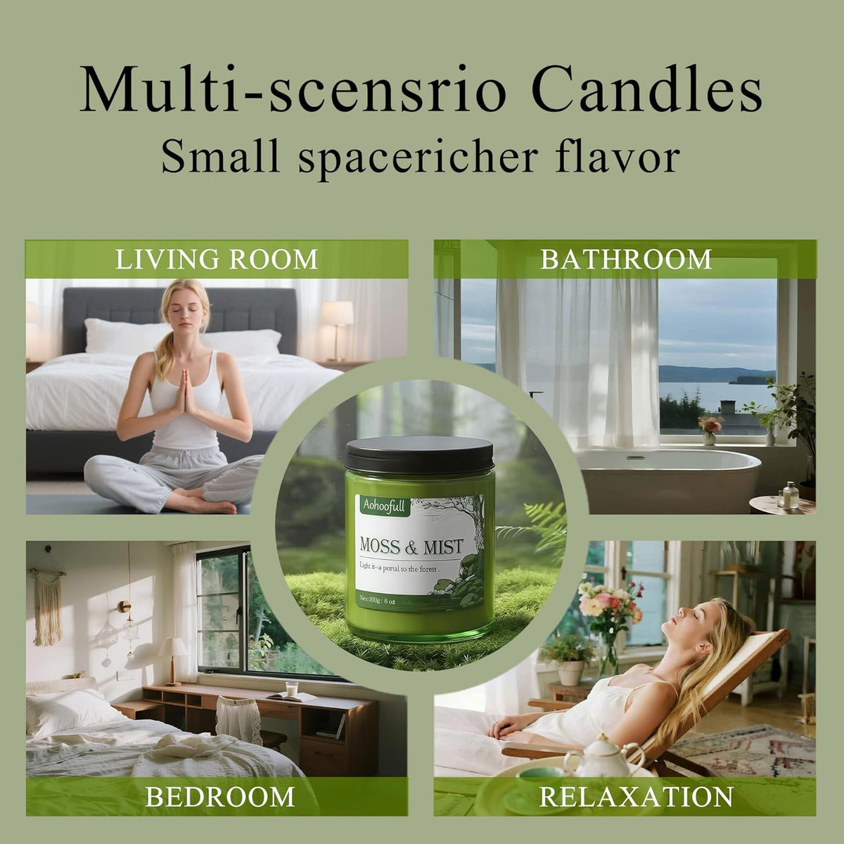 Moss & Mist Soy Candles for Home Scented,8oz 40 Hour Burn Aromatherapy Candle Gift for Stress Relief, Meditation, Yoga, Relaxing SPA, Reusable Jar for Men and Women