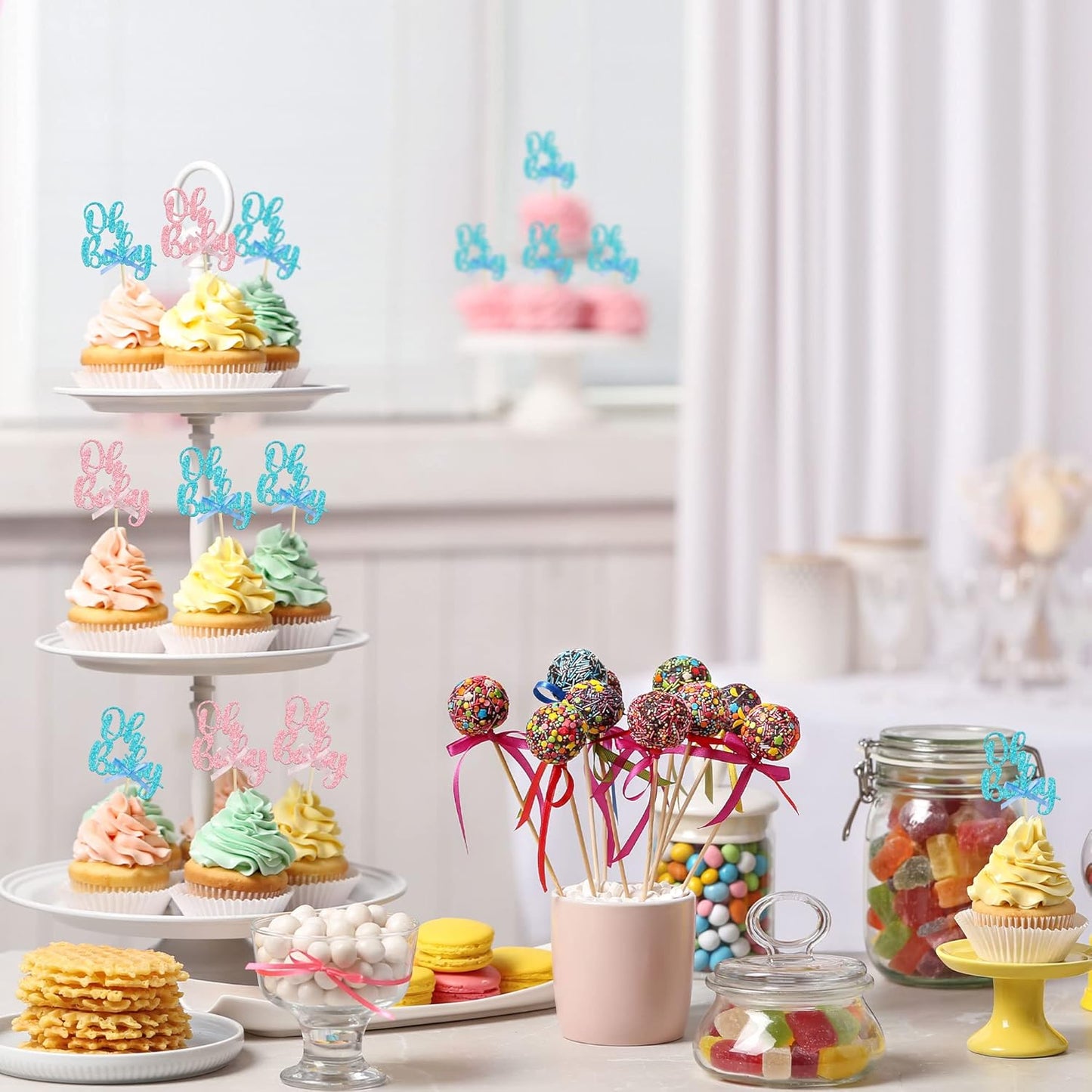 Gyufise 36Pcs Oh Baby Cupcake Toppers Pink Blue Bow Glitter Baby Shower Gender Reveal Cupcake Picks for Boy or Girl Theme Baby Shower Kids Birthday Party Cake Decorations Supplies