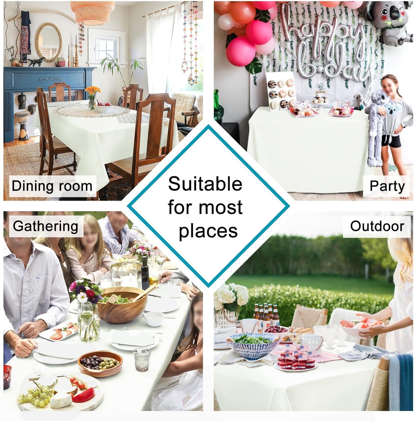 Hiasan Tablecloth for Rectangle Tables - 70 x 140 inch - Waterproof, Spillproof & Wrinkle Resistant Washable Polyester Table Cloth for Dining/Party/Outdoor Picnic, Ivory