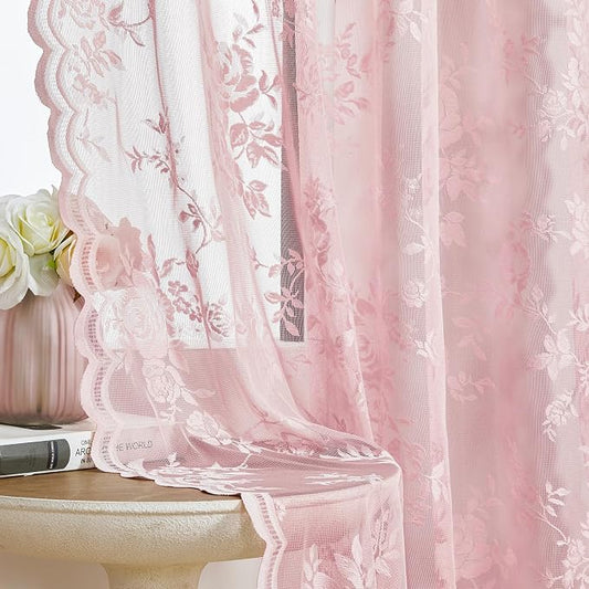 Baby Pink Lace Curtains 45 Inch Length 2 Panels set Romantic Flower Sheer by SEEKRIGHTHomeDecor