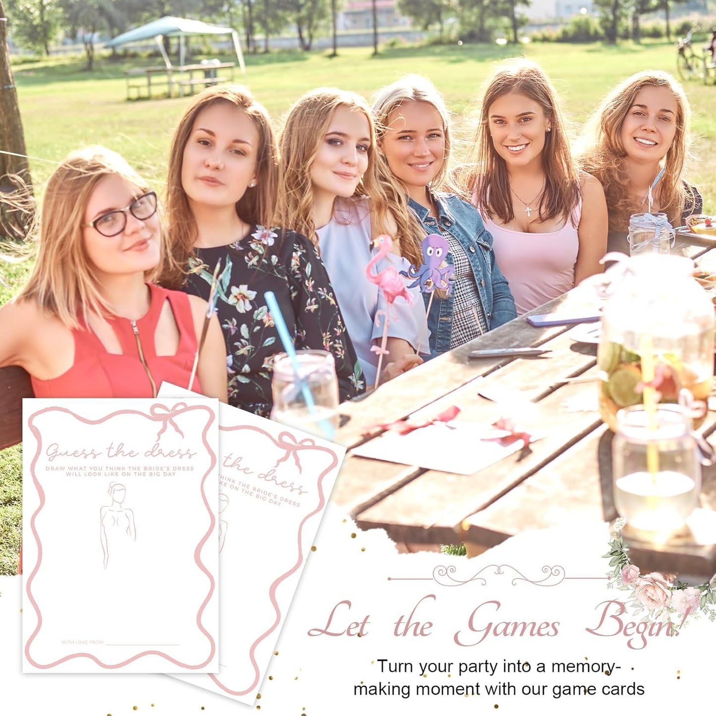 DEEKA 30 PCS Bridal Shower Games Card for 30 Guests White Pink Wavy Border Ribbon Bow Funny Wedding Bachelorette Party Games for Reception (Guess The Dress)
