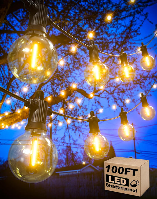 Outdoor String Lights Waterproof, 100FT LED Patio Lights with 53 Shatterproof G40 Globe Bulb(3 Spare), Connectable Dimmable Outside Hanging Lights for Backyard Porch Balcony Gazebo (2x50FT)