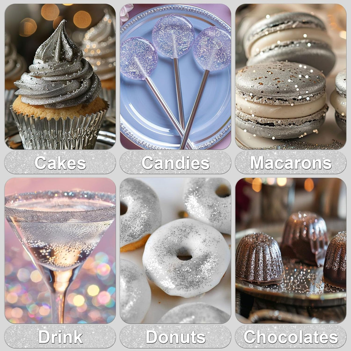 Silver Edible Glitter - 5g Food Grade Cake Decorating Shimmering Glitter, Edible Sprinkle Luster Dust for Drinks, Chocolates, Fondant, Strawberries, Cupcakes, Candy, Cookie - Vegan
