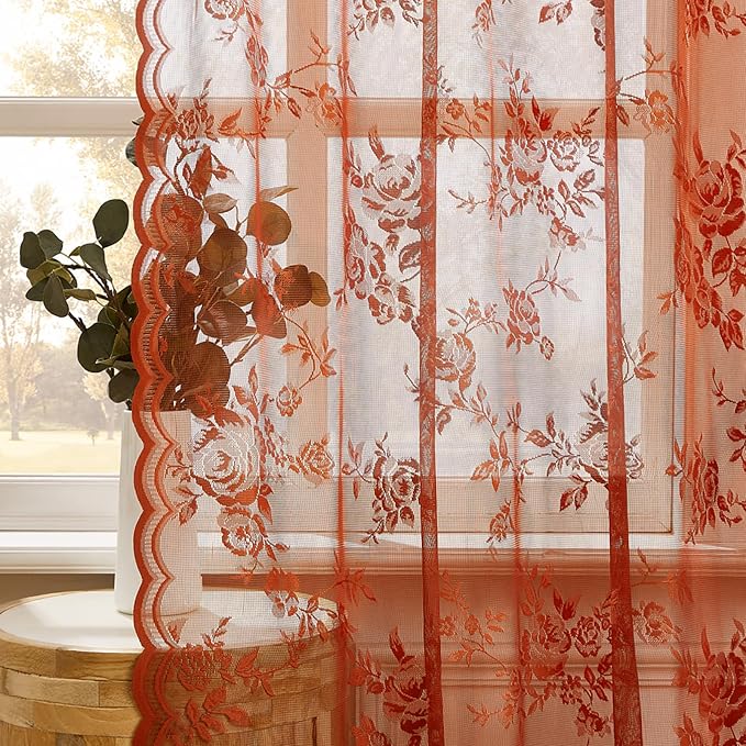 Terracotta Lace Curtains 80 Inches Long Country Rustic Floral Sheer Curtains - Image 4