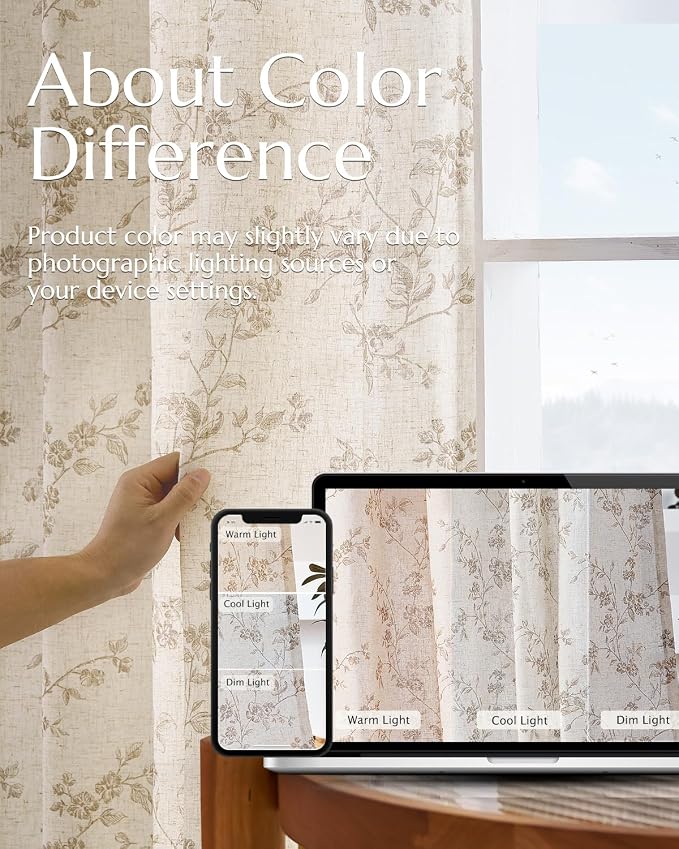 jinchan Taupe Floral Linen Curtains 108 Inch Extra Long Back Tab 2 Panels | - Image 7