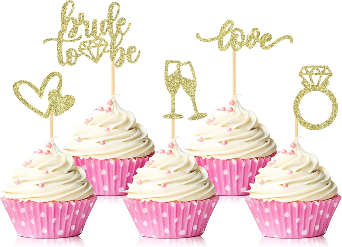 35 PCS Glitter Diamond Ring Bride to be Love Cupcake Topper Champagne Cake Picks Decorations for Bridal Shower Wedding Engagement Party Supplies, Gold